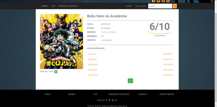 Main page of an anime.